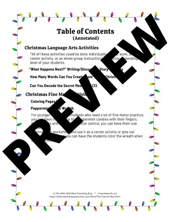 Table of Contents for the Christmas activity preschool packet