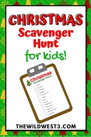 christmas scavenger hunt for kids pin image with clipboard and Christmas decorations