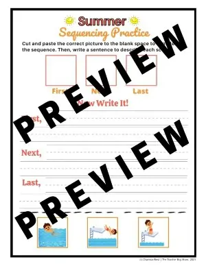 Printable Sequencing Activity for first grade and kindergarten summer themed sample preview