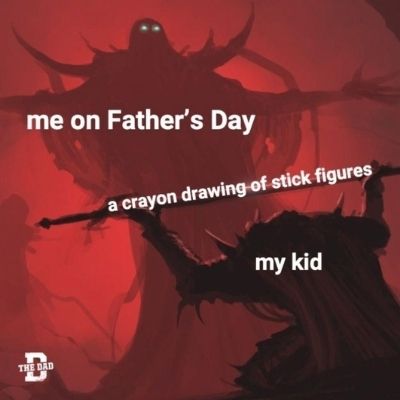 Meme of a kid giving a Father's Day drawing to dad